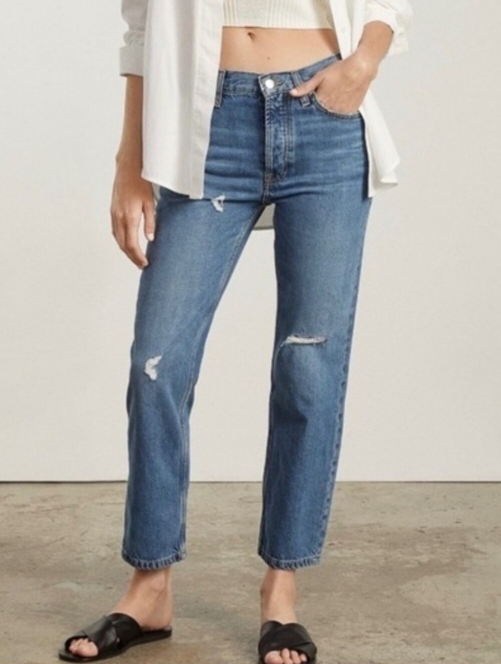 Everlane The Summer Jean Mid-Blue High-Rise Straight Distressed 27 Regular